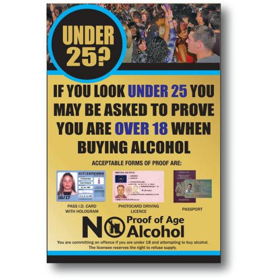 Under 25 proof of age sign gold 10 25x7