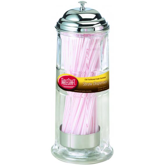 Glass straw dispenser with chrome plated top