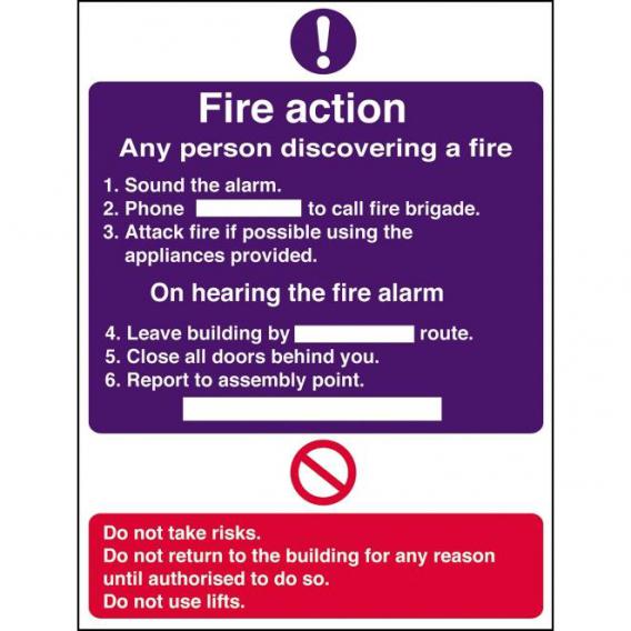 Fire action sign 8x12