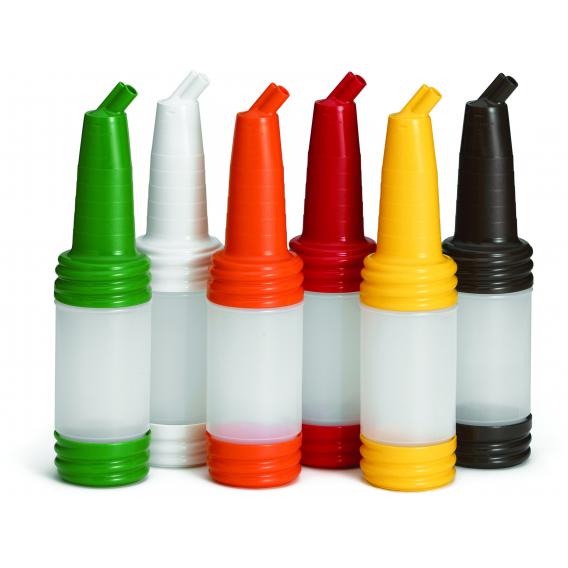 Saferfood solutions tm pourmaster tm long neck mix store and serve bottle with assorted colour caps 90cl 30oz