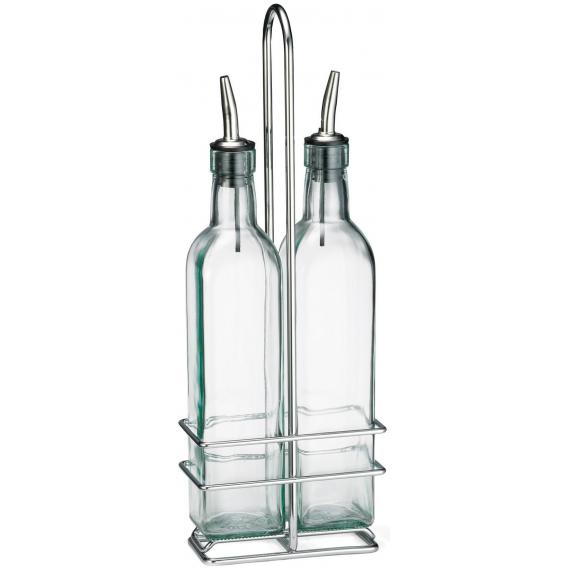 Prima bottle set with stainless steel pourers chrome rack