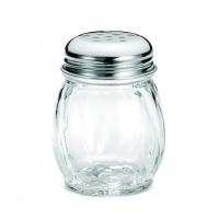 Swirled glass cheese shaker with perforated chrome top